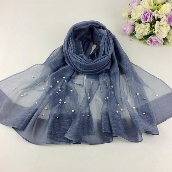 

scarves 20pcs luxury plain wool shawls with pearls and silk cotton women long muslim hijab wraps, Blue;gray