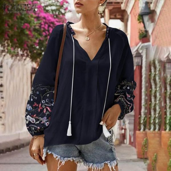 

women's blouses & shirts bohemian printed women's autumn blouse casual floral blusas female v neck puff sleeve tunic plus size, White