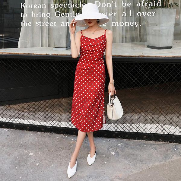 

casual dresses yigelila women retro polka dot dress summer spaghetti strap empire slim mid-calf straight backless red 64937, Black;gray