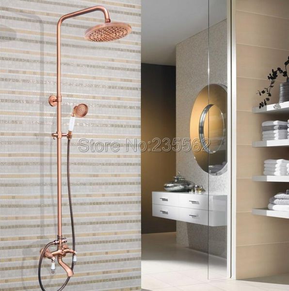 

bathroom wall mounted antique red copper ceramic handles rain shower faucet set tub mixer tap spout lrg546 sets