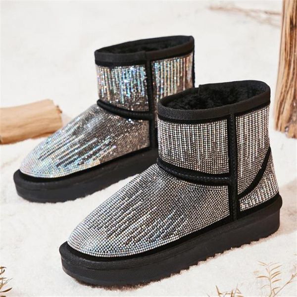 

boots snow women's winter korean fashion belt drill full of water anti slip plush thickened short warm cotton shoes, Black