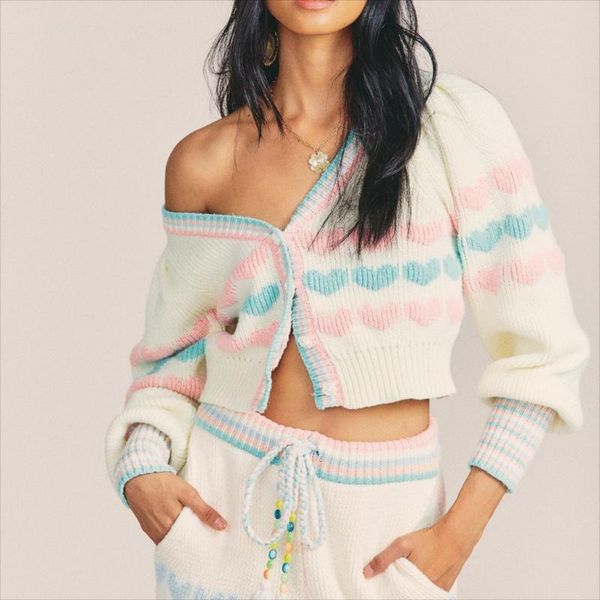 

women's knits & tees 2021 fall/winter heart-shaped cardigan bohemian v-neck short knit sweater jacket fashion all-match top, White