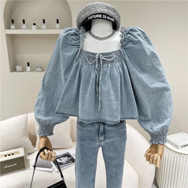

blouses shirt spring nicho summer 2021 women from the shape project neck lace up denim bubble design short belt, White