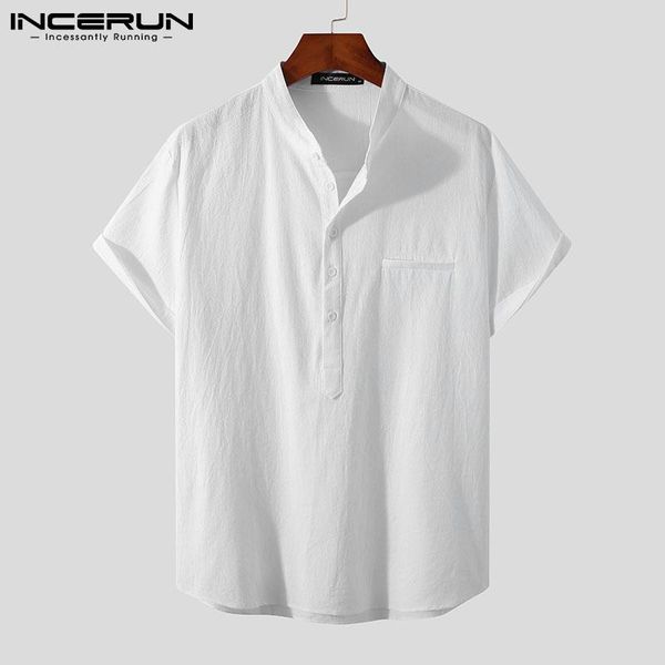 

men's casual shirts 2021 men fashion cotton linen stand neck half-open solid color comfortable short-sleeved shirt s-3xl incerun, White;black