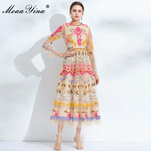 

casual dresses moaayina fashion designer summer green mesh dress women o-neck long sleeve flowers embroidery vintage holiday party, Black;gray