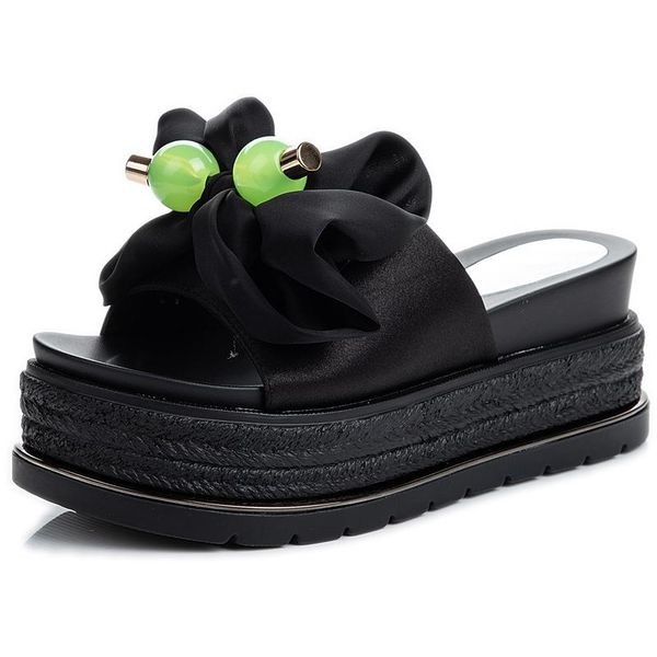 

summer korean style platform elevator women's silk fabrics bowknot slanted heel sandals, Black