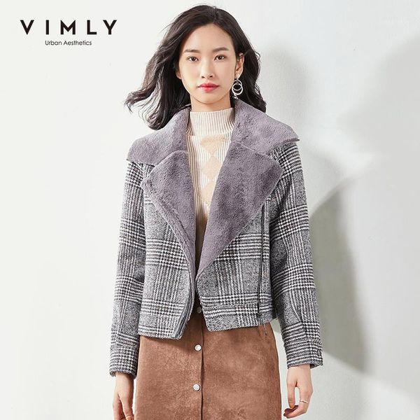 

vimly winter women's thick woolen coat elegant lapel zipper plaid short jacket female warm blends overcoat 30097 wool &, Black