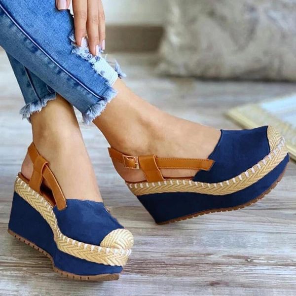 

dress shoes wedges slippers women's fashion casual straw baotou buckle strap large wedge sandals summer chaussons sandalias, Black