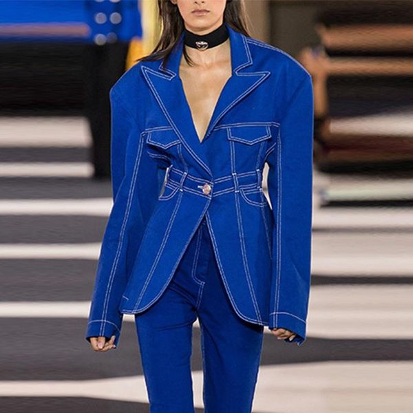 

women's suits & blazers women denim blazer jacket wilder shoulder single button high waist tunic jeans coat street, White;black