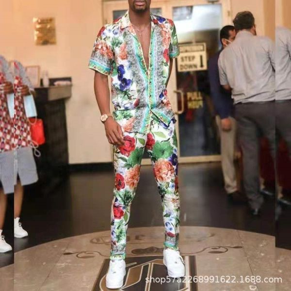 

2021 summer men's casual loose short sleeve shirt and trousers suit, White;black