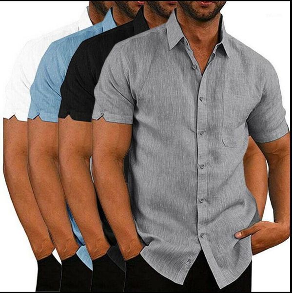 

men's linen shirt short sleeve loose buttons summer pure color comfortable cotton casual t-shirt shirts, White;black