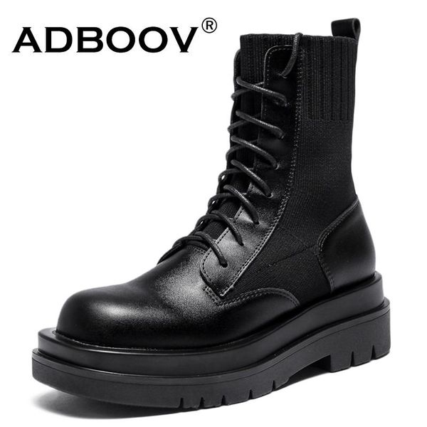 

boots adboov round toe sock women genuine leather black ankle female fashion