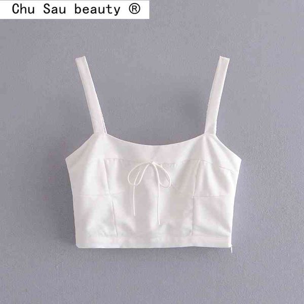 

summer women fashion slim white tie high waist short cropped base sling vest 210508