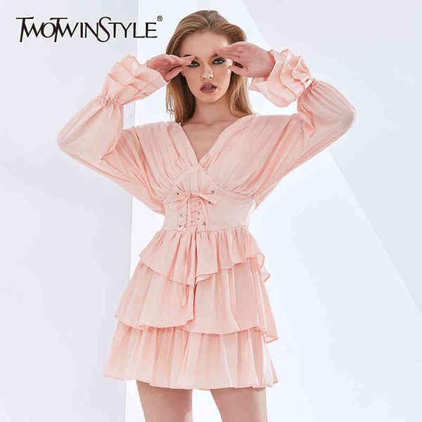 

solid color ruffle summer dress for women v neck flare sleeve high waist bowknot dresses female fashion 210423, Black;gray