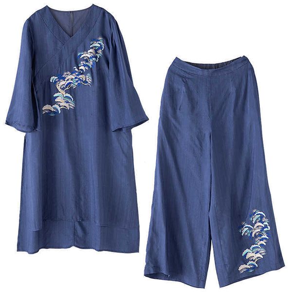 

women's two piece pants pants women 2 pieces set retro chinese style embroidery shirt +wide leg loose comfortable elegant lady suit fem, White