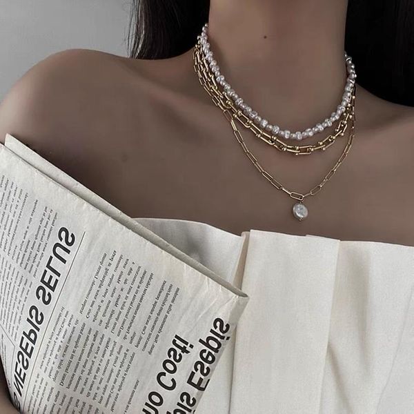 

chains fashion kpop pearl choker necklace cute double layer gold chain pendant for women girl baroque jewelry party gift, Silver