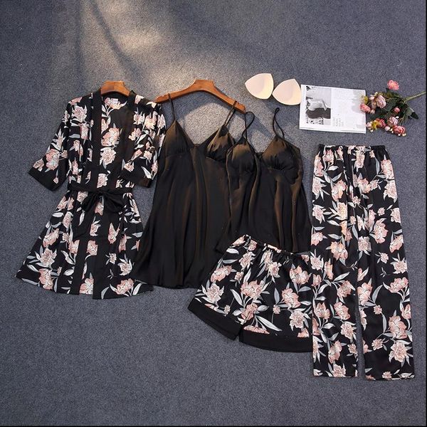 

winter pajamas 5 4 3 womens sleepwears 2 pieces satin pijama silk home wear clothing autumn print female pyjama with, Black;red