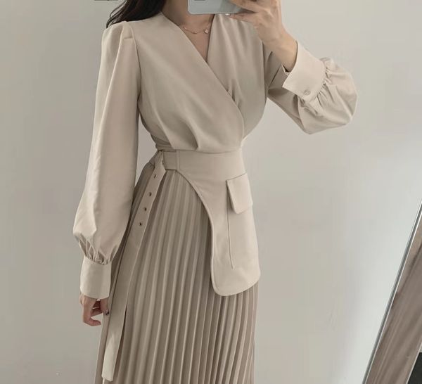 

v-neck cross-slim lace high waist slimming pleated long knee-length dress women harajuku dress korean dress clothing women, Black;gray