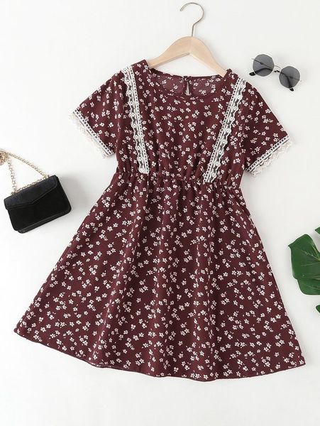 

girls ditsy floral embroidered mesh detail dress she, Red;yellow