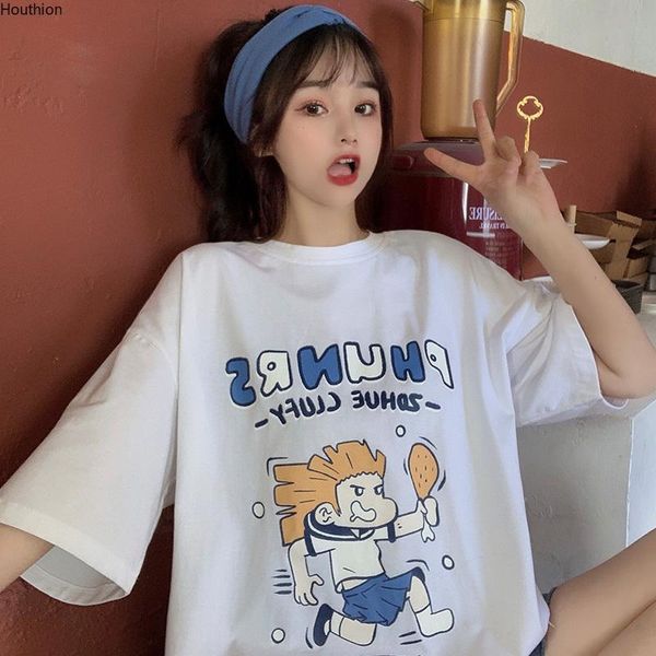 

houthion loose plus size women's t-shirt fashion short sleeve t shirt leisure cartoon print o-neck tshirt summer, White