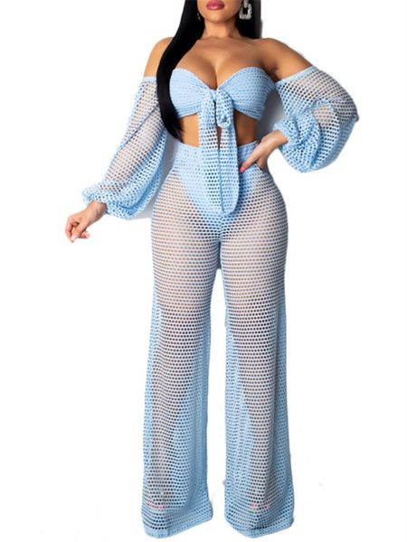

women two pieces sets see through lace up crop with high waist wide leg pants off shoulder backless mesh hollow out women's piece, White