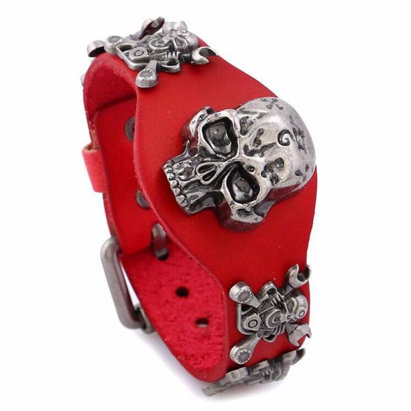 

cuff gothic punk vintage antique silver skull rivet wide leather bracelets alloy skeleton charms fashion wristbands belt bangles, White