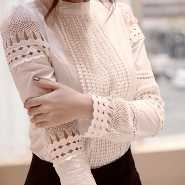 

women's blouses & shirts fashion lady beautiful elegant long sleeve white lace cotton blouse 2021 high office formal