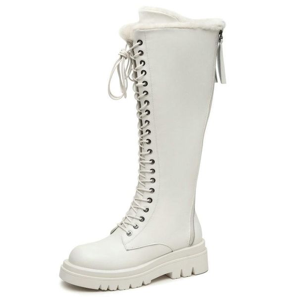 

boots 2021 genuine leather knee high snow woman nature sheep wool lace up warm winter ladies shoes size 41 42 43, Black