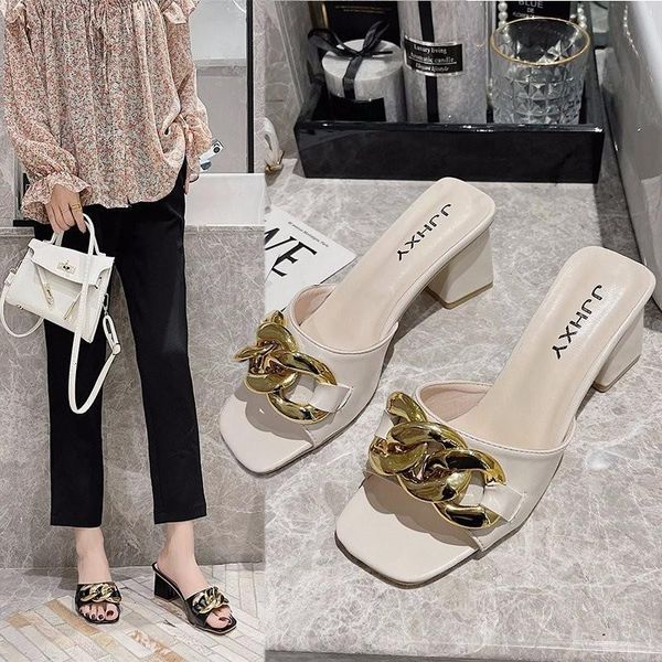 

slippers slip on women mules shoes woman gold metal chain brand design open toe square high heels casual slides plus size fu1m, Black