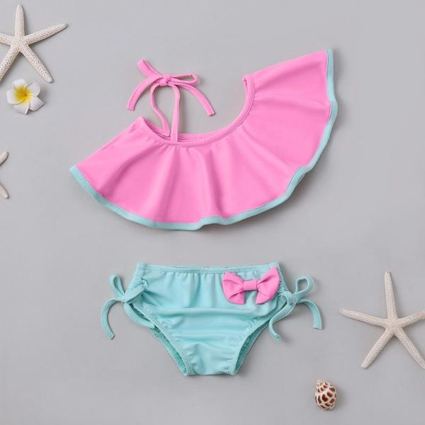

summer kids baby girls ruffles two piece solid swimwear swimsuit fashion beach bikini outfits maillot de bain fille one-pieces, Black