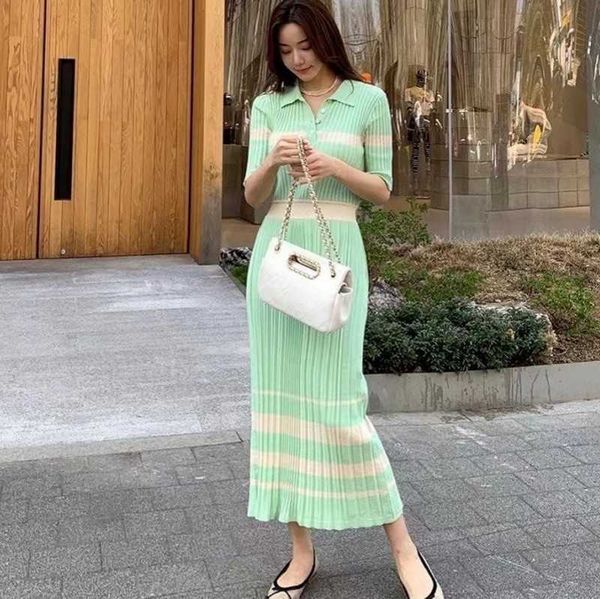 

summer dres hit color knitted lapel short sleeve high waist casual long 210531, Black;gray
