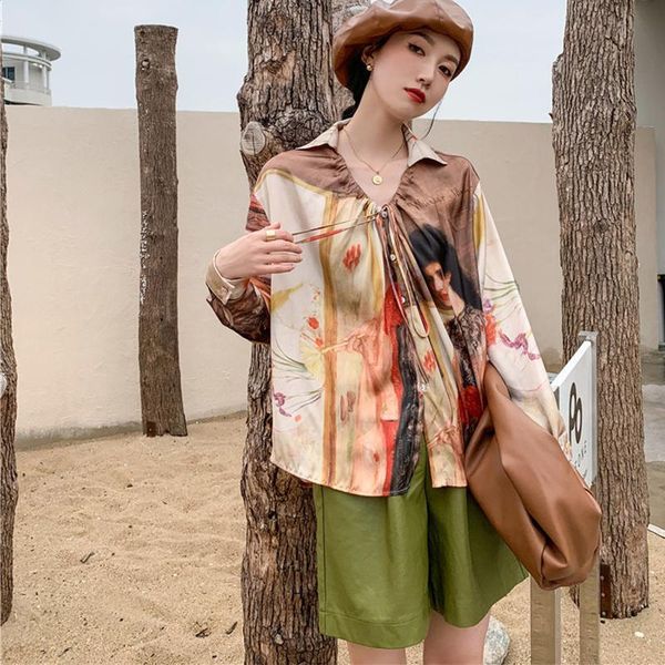 

summer spring casual loose women's blouses vintage oil printing shirts long sleeve drawstring blusas mujer &, White