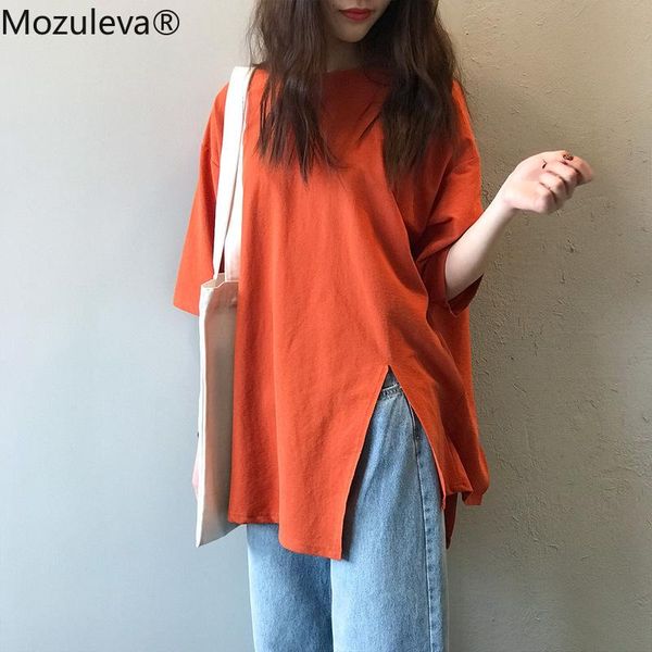 

women's t-shirt mozuleva women 2021 summer t-shirts solid multi colors casual loose bottoming half sleeve minimalist split midi shirts, White