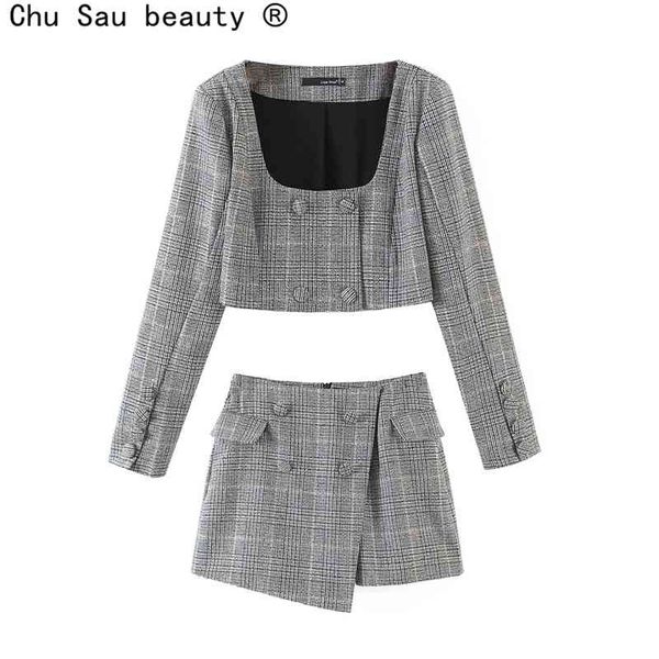 

spring vintage office ladies double-breasted plaid short suit jacket cropped + high waist mini skirts women 210514, White