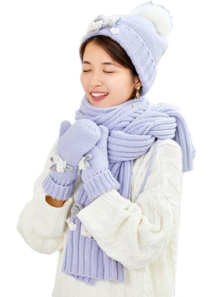 

hats, scarves & gloves sets hat scarf autumn and winter sweet cute flowers thick warm female three kit, Blue;gray