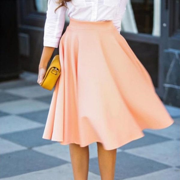 

skirts summer women midi solid causal vintage high waist pleated skirt knee length a line umbrella big swing, Black