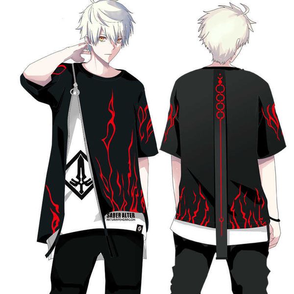 Anime destino / estadia noite sabre alterter traje cosplay t-shirt falso dois pedaços de manga comprida hoodie manga curta tops 2019 legal y0903