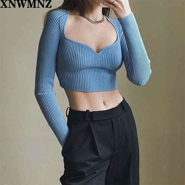 

slim blue knitted blouse women long sleeve pullover basic knitwear female autumn cropped white knit 210520