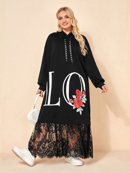 

plus letter & floral print contrast lace sweatshirt dress b8e7#, Black