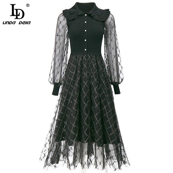 

casual dresses ld linda della 2021 women knit tulle patchwork dress autumn designer ms long sleeve luxury gilding a line black midi, Black;gray