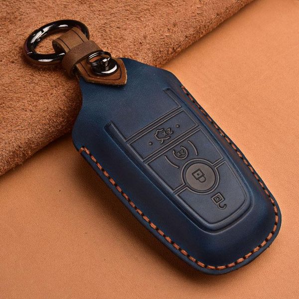 

crazy horse leather car key case for ford mustang 2021 ecosport smart remote fobs shell cover keys bag keychain auto accessories keychains, Silver