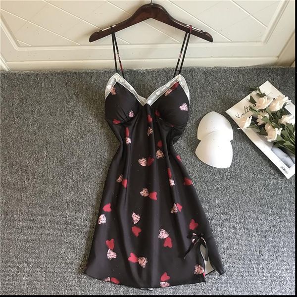 

sweet nightdress satin women sleepwear deep v neck nightgown cute printing suspender homewear with chest pads nightwear, Black;red
