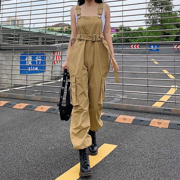 

women suspenders 2021 fashion pockets with belt cargo pants high waist loose casual trousers khaki black gray overalls women's & capris, Black;white