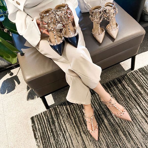 

luxury dress shoes v family rivet high heels 2021 spring and summer temperament french women's sho bandage thin heel liuding sandals tr, Black