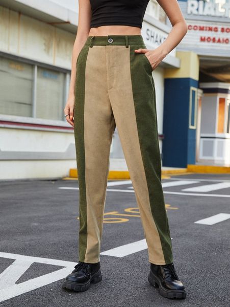 

high waist two tone straight leg pants w73k#, Black;white