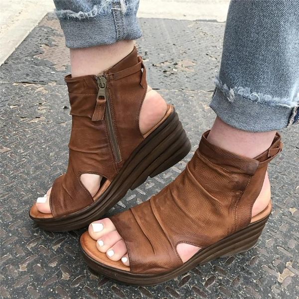 

boots women's sandals 2021 summer ankle wedge belt buckle roman shoes women open toe large size, Black