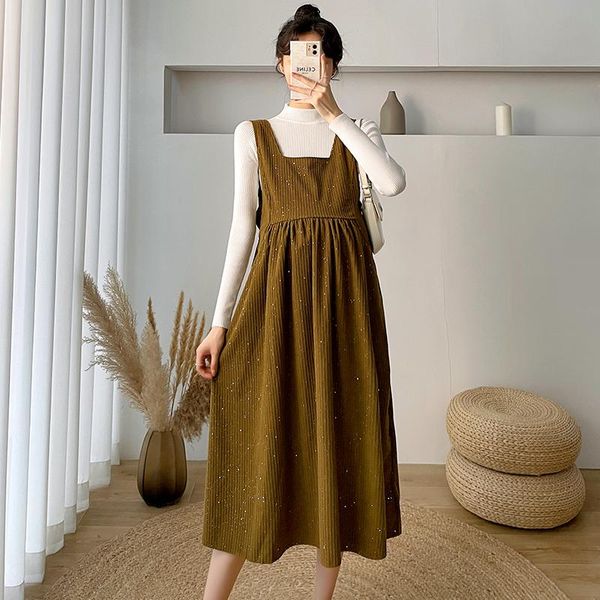 

maternity dresses 1948# autumn winter korean fashion long party dress elegant a line clothes for pregnant women chic corduroy pregnancy, White