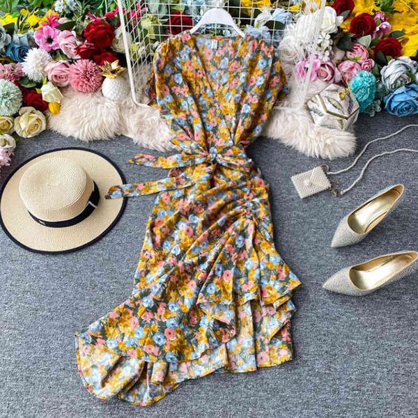 

dresses summer ladies ruffles short-sleeved wrap v-neck high waist floral print chiffon fishtail women sashes vestidos, Black;gray