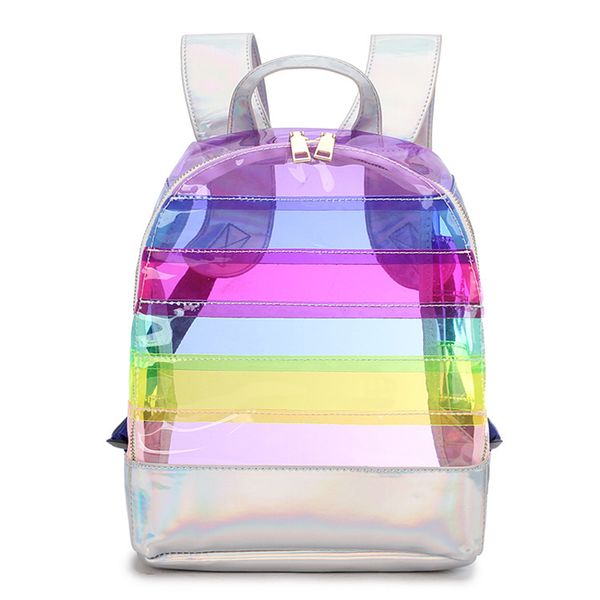 Zaino laser a strisce arcobaleno Borsa da scuola per bambini di grande capacità in PVC trasparente con colori a contrasto per il tempo libero