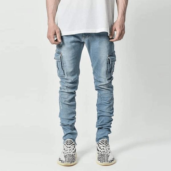 

men's jeans men fashion slim fit denim trousers 2021 casual side pockets cargo pant autumn male simple solid long pnats streetwear, Blue
